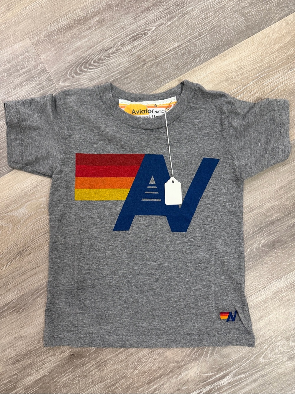 Aviator Nation Kids Gray Tee with Blue AV & Red-Orange-Yellow Stripes